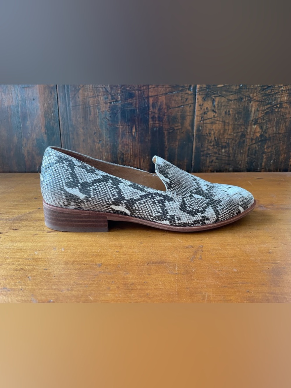 MADEWELL FRANCES LOAFER SNAKESKIN 8.5 SNAKE BLACK WHITE LEATHER MULE SKIMMER - Picture 3 of 11